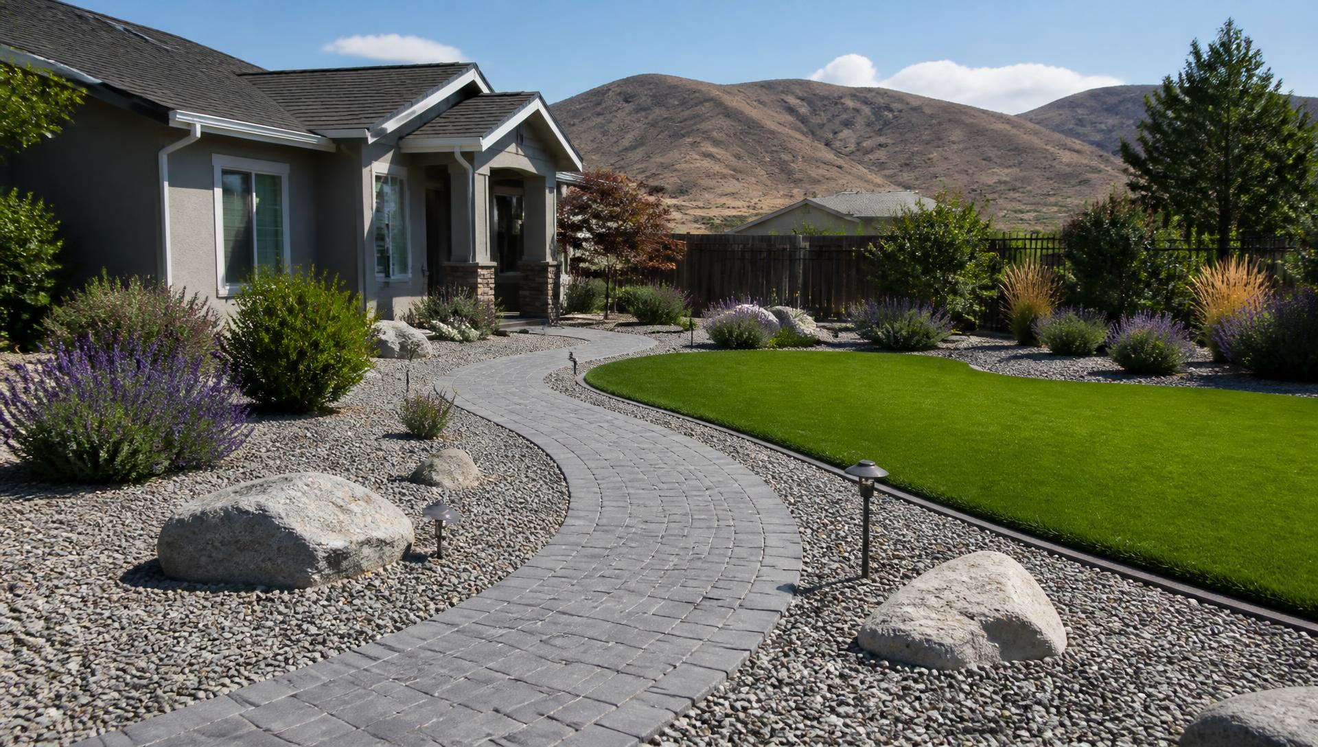 Paver walkway and synthetic turf lawn in a Carson City yard with high desert hills behind